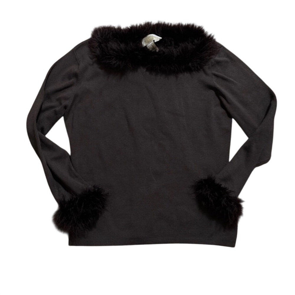 Vintage Cache Chocolate Brown Silk Blend Faux Fur Trim Boat Neck Sweater L